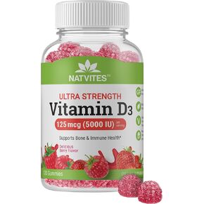 Ultra Strength Vitamin D3 125mcg (5000 IU) Gummies, Supplement for Bone, Immune, and Heart Health, Berry Flavored, Non-GMO, Gluten-Free, Vegan, Nut-Free, and Dairy-Free, 120 Count