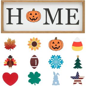 Halloween Decor Home Tabletop Sign with 12 Pcs Interchangeable Seasonal Icons-Wooden HOME Sign for All Seasons Fall Halloween Thanksgiving Christmas Shelf Mantel Windowsill Decorations
