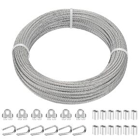 TooTaci 1/8 Stainless Steel Cable, 100ft Wire Rope, 7×7 Strands Aircraft Cable with Loops Sleeves, Cable Clamps, Thimbles, 304 Stainless Steel Wire Kit for Lights Hanging, Cable Railing, Curtain Wire