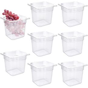 8 Pack Clear Plastic Food Pans Plastic Clear Food Pan with Capacity Indicator 1/6 Size 6 Inch Deep Restaurant Commercial Hotel Pans for Fruits Vegetables Corns Beans