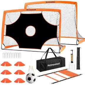 Soccer Goal- Hotnueout Soccer Net of 2, 6x4 ft Portable Soccer Training Equipment Kids Outdoor Play for Backyard Games with Pump, Cones, Training Ladder, Size 4 Ball and Carry Bag