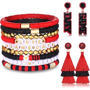 boderier 9PCS Game Day Bracelets Stackable Heishi Beaded Stretchy Bracelets LOVE GAME DAY Football Team Jewelry Sports Fan Bracelets Earrings Accessories Gifts