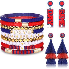 boderier 9PCS Game Day Bracelets Stackable Heishi Beaded Stretchy Bracelets LOVE GAME DAY Football Team Jewelry Sports Fan Bracelets Earrings Accessories Gifts