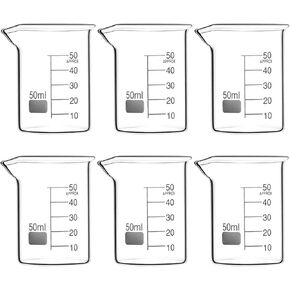 QWORK Sturdy Glass Beaker Set, 1.7oz (50ml), Pack of 6, 3.3 Borosilicate Griffin Low Form with Printed Graduations and Large Marking Spot