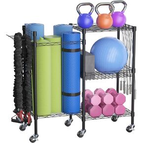 lesolar Yoga Equipment Storage Rack for Home Gym 3 Tiers Dumbbells Rack with 360-degree Pulley Workout Equipment Organizer for Yoga Mat Ball Kettlebells Foam Roller Resistance Bands Skipping Rope