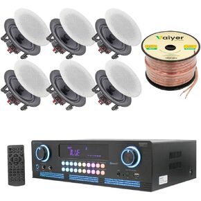Home Theater System Kit 2000 Watts Bluetooth Amplifier with 6 Qty 6.5" 200 Watts in-Wall in-Ceiling Speakers & 16 Gauge 250 ft. Speaker Wire by Technical Pro