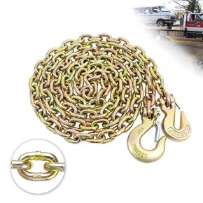 TKK G80 Transport Binder Chain, 3/8 Inch x 8 Foot Logging Chain with Grab and Sling Hooks 7,100 lbs Safe Working Load Heavy Duty Chain for Transporting Towing Tie Down Binding Equipment