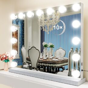 22.8 x 18.2 Vanity Makeup Mirror with Lights, 10X Magnification,Large Hollywood Lighted Vanity Mirror with 15 Dimmable LED Bulbs, USB Charger Port, Tabletop or Wall-Mounted White