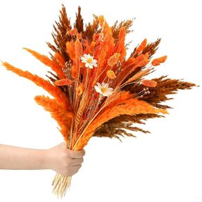 18.9 Inch Fall Decor Autumn Flower Bouquet Dried Pampas Grass Thanksgiving Fluffy Flower Natural Farmhouse Boho Dried Flower for Table Wedding Vase Desk Decorative Home Centerpiece