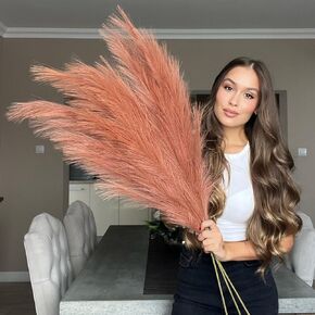 Rusty Orange Fake Artificial Faux Pampas Grass Large Bundle X3 Tall 45" Extra Fluffy Stems 18 Decorative Branches for Artificial Floor Plant Vase Fillers for Boho Chic Home Living Room Decor in Saudi Arabia