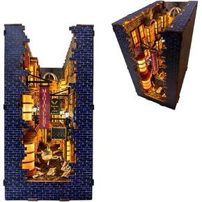 LKWood Book Nook Kit (Pre-Colored), 3D Wooden Decorative Bookend Miniature Model Kits with Lights, Stand Bookshelf Insert DIY Accessories Crafts-Magic Alley (DIY Kits)