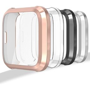 [4-Pack] Screen Protector Case Compatible with Fit bit Versa Lite Edition, Ultra Slim Soft Full Cover Case (NOT Replacement for Fit bit Versa) - Clear, Black, Silver, Rose Gold