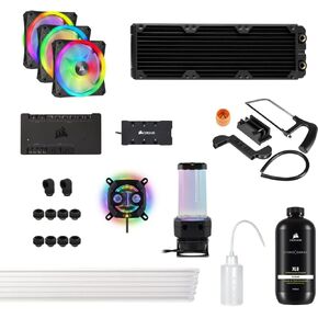 CORSAIR Hydro X Series iCUE Link XH405i Custom Cooling Kit – Hardline Water Cooling Loop – XC7 Elite CPU Water Block – XD5 Elite D5 Pump Res – XR5 360mm Radiator – 3X QX120 RGB Fans – White