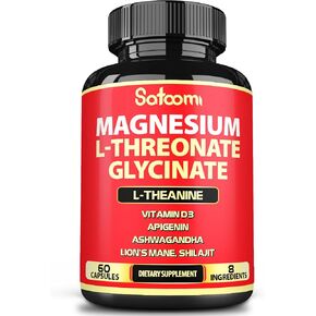 Satoomi 8in1 Magnesium L-Threonate and Glycinate - Plus Ashwagandha, Lions Mane Vitamin D3 and More - Supports Brain Health & Memory - 60 Count