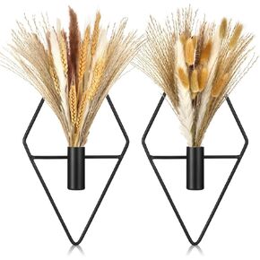 Peryiter 2 Pcs Small Boho Wall Decor Hanging Planters with Artificial Pampas Wall Mounted Metal Wall Decor Modern Home Decor Display Wall Art Bedroom Bathroom Living Room (Black)