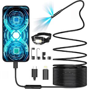 Borescope1920P HD Endoscopic Camera - with 8 Adjustable LEDs, 16.4ft Semi-Rigid Serpentine Camera, 7.9mm IP67 Waterproof Inspection Tool for iOS and Android Devices