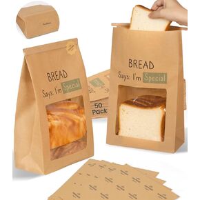 Upgraded Paper Bread Bags Large Flat Bottom 50 Pack with BPA-Free Food Grade Lining for Homemade Sourdough, Kraft Artisan Round Loaf Gifting Bag with Window and Tin Tie Tab Lock