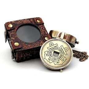 5MOONSUN5's US Coast Guard Engraved Brass Military Compass Nautical Marine Gift A Perfect and Unique Gift for Army Person Survival Navigation Compass for Hiking Camping with Leather Display Case
