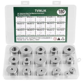 Washers, 180 Pieces 304 Stainless Steel Flat and Fender Washers Assortment Kit, 15 Different Sizes M3-M12, Thickened Metal Washers Set for Screws and Bolts, Hardware for Home and Industrial Use