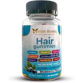 Hair Gummies with Biotin 5000 mcg, Vitamin A, D, C, E, B6, B12 and Choline Blueberry Flavor - Support Hair Growth Gummy, Beautiful Hair Biotin Gummies Supplement - 60 Gummies