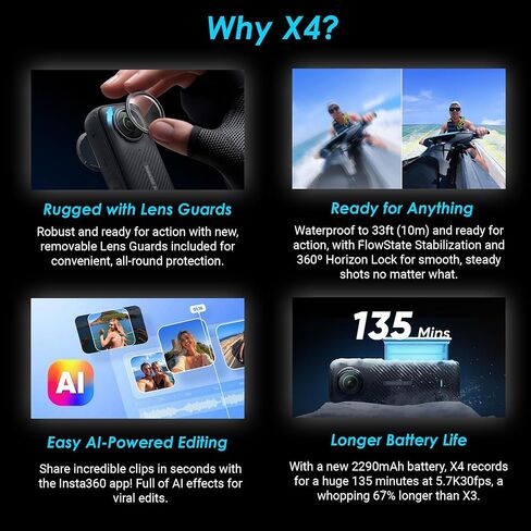 Insta360 X4 - Waterproof 360 8K Action Camera with 48MP Sensors, 8K 360 Video, 72MP Photo, AI Editing, For Content Creators, Sports, Travel, Outdoors + 2 Extra Batteries + Charger + SelfieStick + More in Saudi Arabia