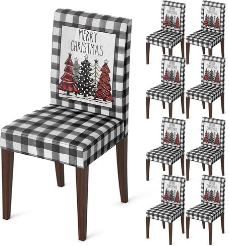 Horaldaily 6PCS Christmas Dining Chair Covers, Buffalo Plaid Trees Stretch Removable Washable Slipcover Chair Protector for Dining Room Home Decor in Kuwait
