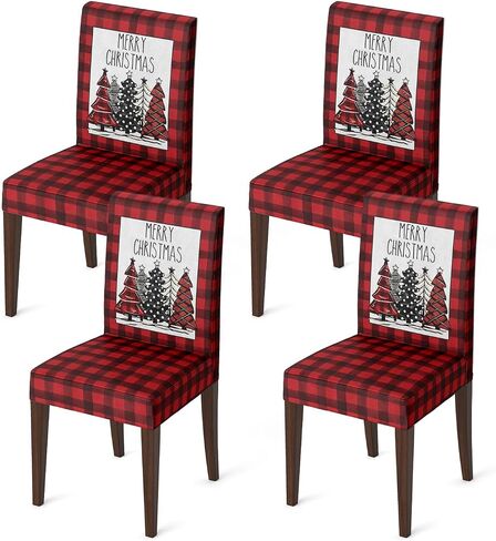 Horaldaily 6PCS Christmas Dining Chair Covers, Buffalo Plaid Trees Stretch Removable Washable Slipcover Chair Protector for Dining Room Home Decor in Kuwait