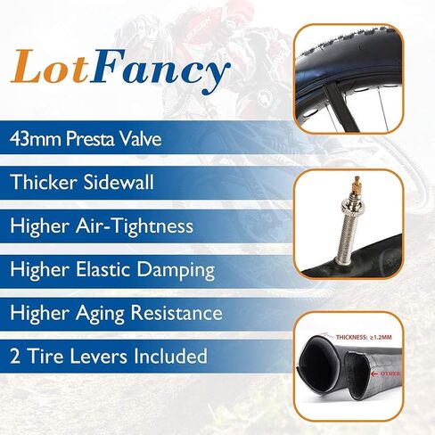 أنبوب دراجة LotFancy مقاس 29 بوصة، عبوتان، 29 × 2.125، 29 × 2.20، 29 × 2.30، 29 × 2.35، 29 × 2.40 أنبوب الدراجة الجبلية، مع صمام بريستا 42 مم، رافعتان للإطارات متضمنتان in Kuwait
