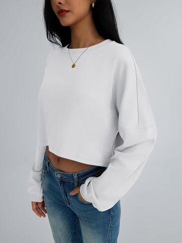 Trendy Queen Womens Crewneck Sweatshirts Oversized Crop Tops Long Sleeve Shirts Gym Clothes Fall Winter Fashion Outfits 2024 in Kuwait