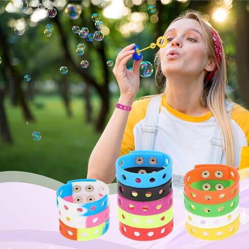 Silicone Charm Bracelets, 12 Pieces 8 Inch Rubber Wristbands Colorful Stretch Bands Cute Adjustable Rubber Bracelets Bithday Party Favors with Holes for Shoe Charm Birthday Classroom Party Award in Saudi Arabia