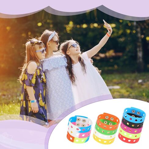 Silicone Charm Bracelets, 12 Pieces 8 Inch Rubber Wristbands Colorful Stretch Bands Cute Adjustable Rubber Bracelets Bithday Party Favors with Holes for Shoe Charm Birthday Classroom Party Award in Saudi Arabia