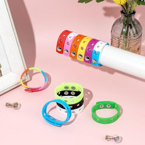 Silicone Charm Bracelets, 12 Pieces 8 Inch Rubber Wristbands Colorful Stretch Bands Cute Adjustable Rubber Bracelets Bithday Party Favors with Holes for Shoe Charm Birthday Classroom Party Award in Saudi Arabia