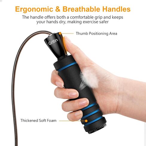 Gritin Skipping Rope, Speed Jump Rope Non-Slip Memory Foam Handle Tangle-free Adjustable Rope with Rapid Ball Bearings Fitness Workouts Fat Burning Exercises for Adults-Azure in Saudi Arabia