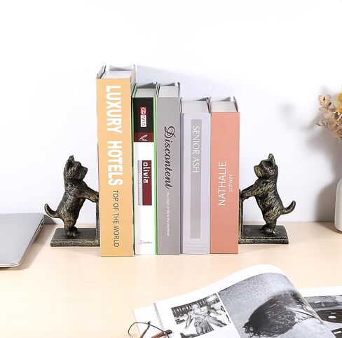 2 Pack Dog Decorative Bookends for Shelf - Cast Iron Book Ends Cute Dog Bookend Support for Home Decor, Heavy Duty Book Stands Vintage Antique Shelf Decor for Reading Enthusiasts or Dog Lovers in Saudi Arabia