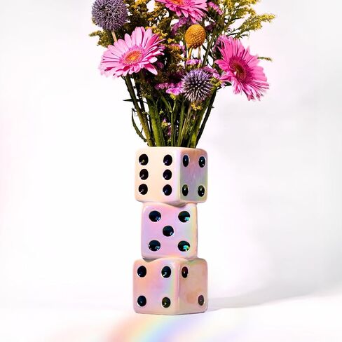 Iridescent Triple Dice Vase, Maximalist Home Decor Ceramic Flower Vase, Iridescent Desk Accessories for Office, Bar Cart Or Vanity, Unique & Trendy Holographic Decor in Saudi Arabia