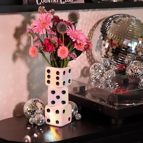 Iridescent Triple Dice Vase, Maximalist Home Decor Ceramic Flower Vase, Iridescent Desk Accessories for Office, Bar Cart Or Vanity, Unique & Trendy Holographic Decor in Saudi Arabia