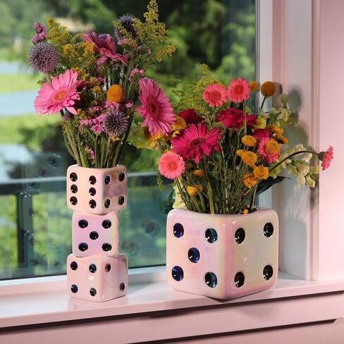 Iridescent Triple Dice Vase, Maximalist Home Decor Ceramic Flower Vase, Iridescent Desk Accessories for Office, Bar Cart Or Vanity, Unique & Trendy Holographic Decor in Saudi Arabia