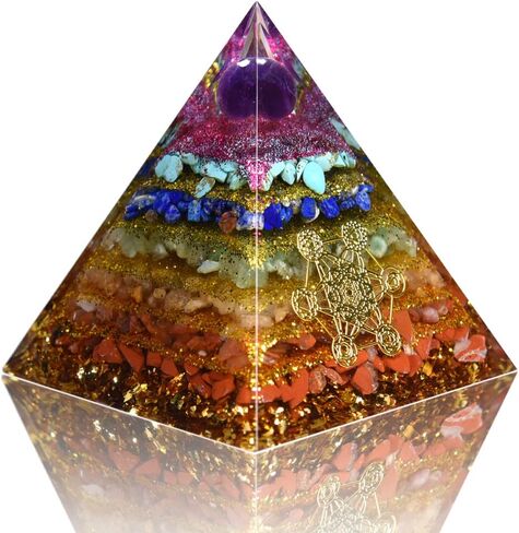 Orgone Pyramid 7Chakras Stone Orgonite Pyramid for Protection & Motivation Healing Crystal Gemstone Pyramid |Ogan Crystal Energy Tower Nature Reiki Chakra Crushed Stone - Handmade in Saudi Arabia
