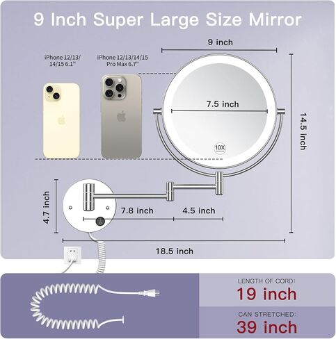 مرآة مكياج مضاءة مثبتة على الحائط مقاس 9 بوصات من Benbilry مع تكبير 10X، مرآة زينة LED مزدوجة الجوانب كبيرة الحجم، مرآة مكبرة 10X مع أضواء، مرآة حمام LED دوارة 360 درجة in Kuwait
