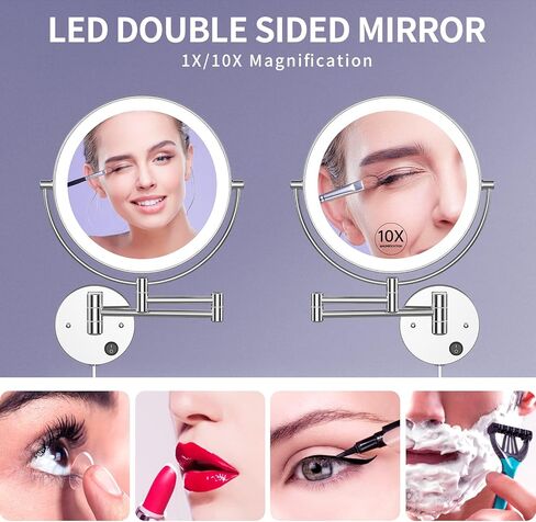 مرآة مكياج مضاءة مثبتة على الحائط مقاس 9 بوصات من Benbilry مع تكبير 10X، مرآة زينة LED مزدوجة الجوانب كبيرة الحجم، مرآة مكبرة 10X مع أضواء، مرآة حمام LED دوارة 360 درجة in Kuwait