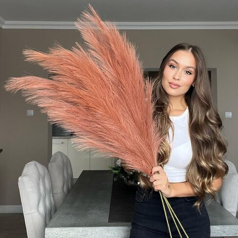 برتقالي صدئ مزيف صناعي بامباس العشب حزمة كبيرة X3 طويل القامة 45 بوصة سيقان رقيق للغاية 18 فرعًا مزخرفًا لحشو مزهرية أرضية صناعية لديكور غرفة المعيشة المنزلي بوهو شيك in Saudi Arabia