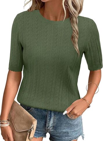 Arach&Cloz Womens Summer Sweater 2024 Spring Tops Short Sleeve Casual Blouses Crewneck Fashion Hollow Out Knit Pullover Shirt in Kuwait