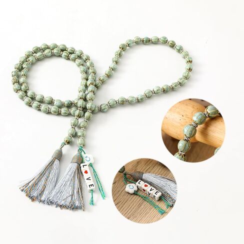Farmhouse Ceramic Beads 50in Handcrafted Colors Bead Garland with Tassels Rustic Decor Prayer Boho Beads Big Wall Hanging and Coffee Table Decor Green Bead in Kuwait