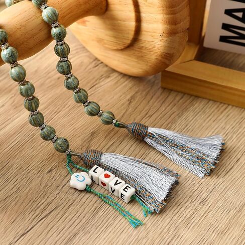 Farmhouse Ceramic Beads 50in Handcrafted Colors Bead Garland with Tassels Rustic Decor Prayer Boho Beads Big Wall Hanging and Coffee Table Decor Green Bead in Kuwait