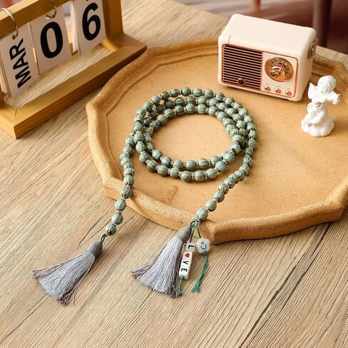 Farmhouse Ceramic Beads 50in Handcrafted Colors Bead Garland with Tassels Rustic Decor Prayer Boho Beads Big Wall Hanging and Coffee Table Decor Green Bead in Kuwait
