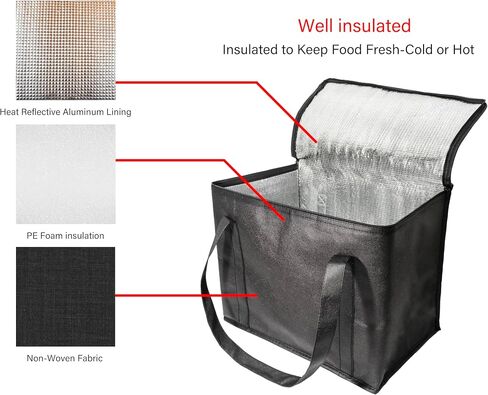 Insulated Cooler Bag and Food Warmer for Food Delivery & Grocery Shopping with Zippered Top Outdoors Insulated Food Delivery Bag (X-Large size 37L), Black, YEPP-CB-003 in Saudi Arabia