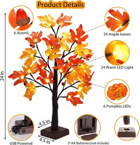Thanksgiving Decorations Tabletop Lighted Maple Tree - Fall Decor with Warm LEDs, Maple Leaves, Pine Cones, Acorn, and Pumpkin LEDs for Fall Decorations for Home in Saudi Arabia