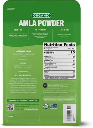 مسحوق أملا العضوي من FGO - 16 أونصة، عنب الثعلب الهندي العضوي (أمالاكي) التابع لوزارة الزراعة الأمريكية، غير معدل وراثيًا، فيتامين C الطبيعي - خام وطبيعي 100% in Kuwait