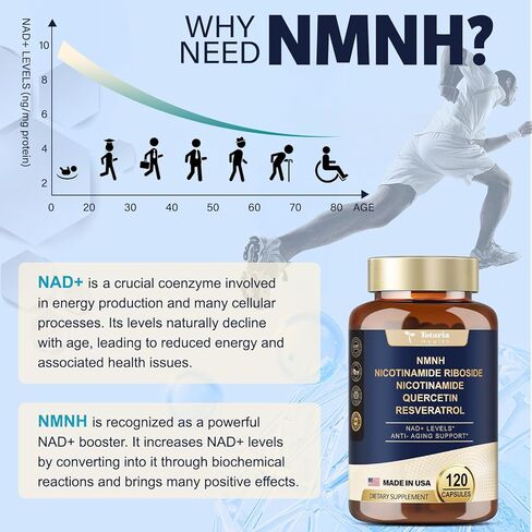 NMNH (ثنائي هيدرونيكوتيناميد أحادي النوكليوتيد)، مكمل NMN البديل مع النياسيناميد (فيتامين ب3)، كيرسيتين، ترانس ريسفيراترول، دعم NAD+، صحة خلايا الجلد*، مضاد للشيخوخة والطاقة، 120 كبسولة in Kuwait