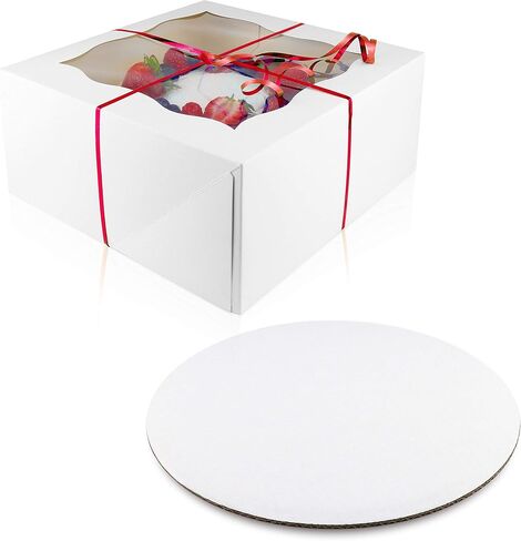 [10 Pack of Each] Cake Boxes 10 Inch Cake Boards Set – 10 Sturdy Cake Box 10 x 10 x 5 & 10 Inch Cake Boards - Window Cardboard Cake Boxes - Ten Round Cake Boards in Set (10x10x5) in Saudi Arabia